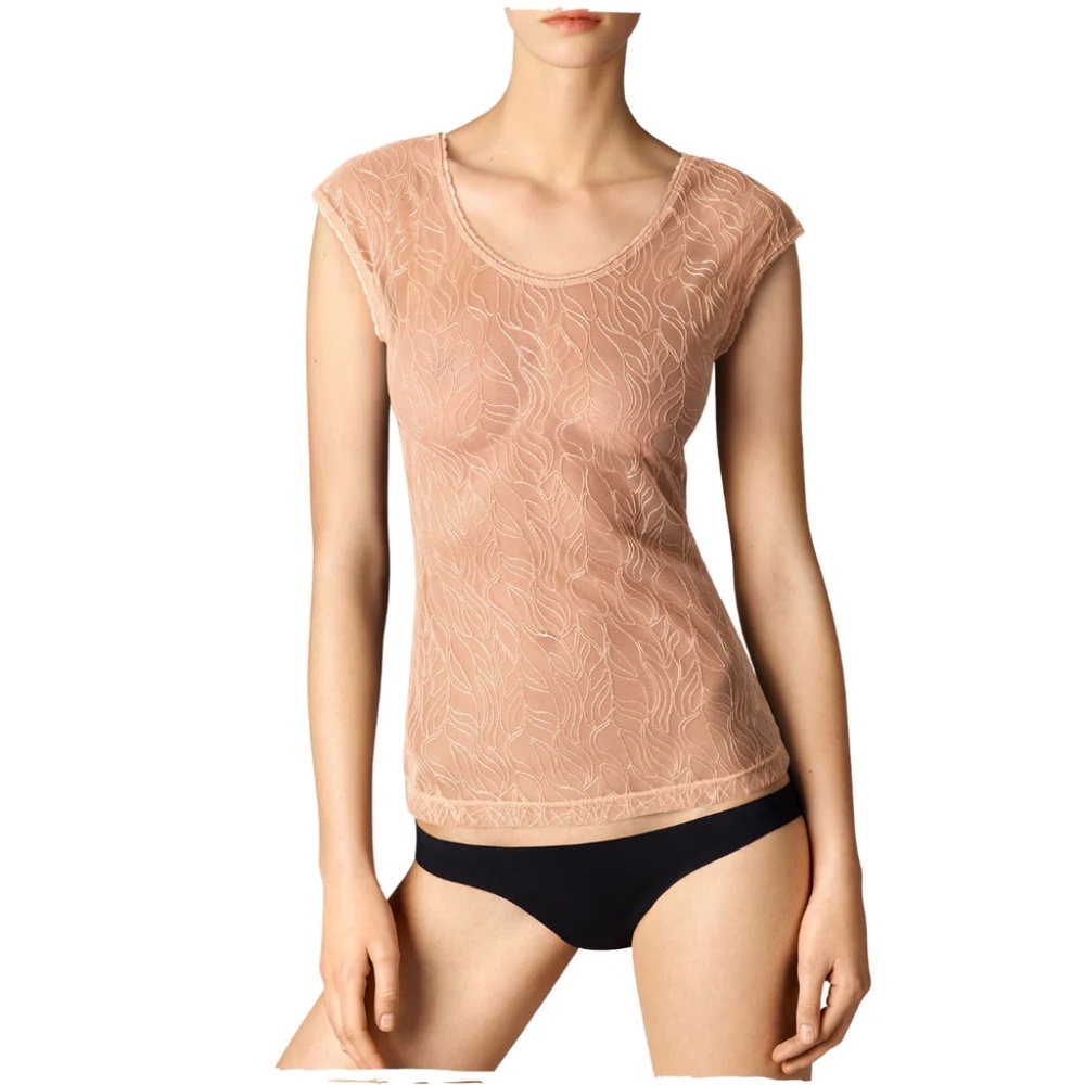 NWOT Wolford Leafage Lace Sheer Short Sleeve Top Coral Small Embroidered